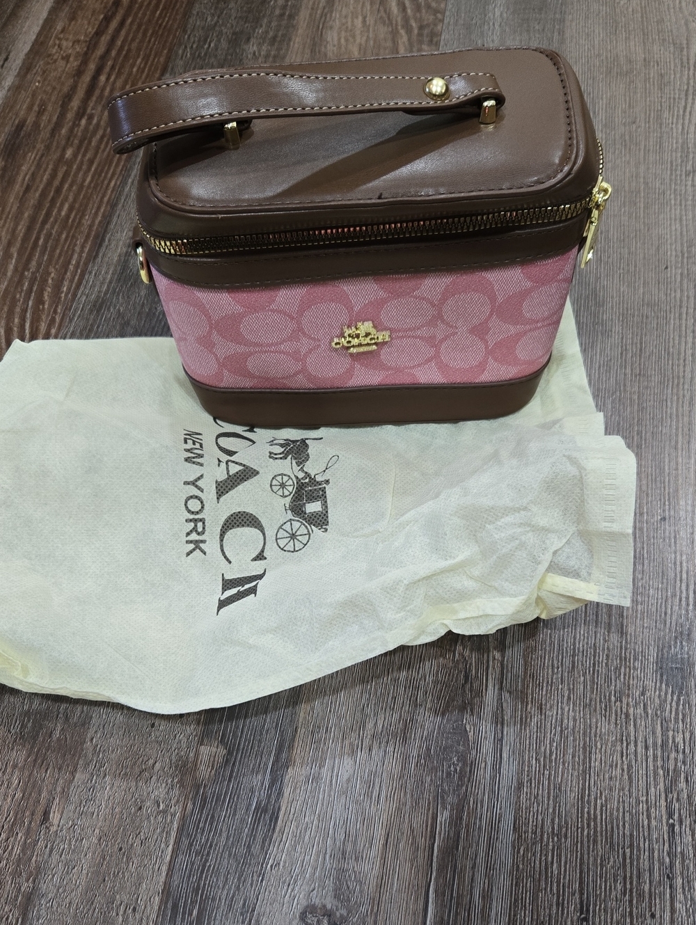 Coach Pink Signature Train Case with Brown Leather Trim